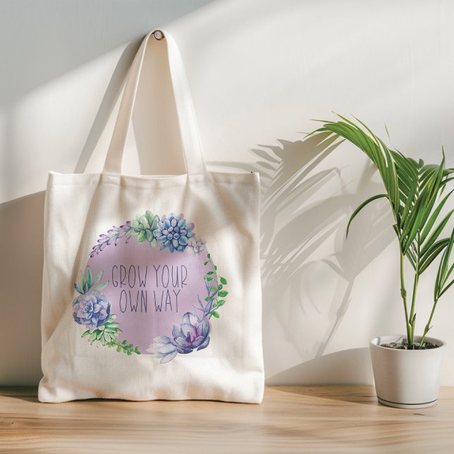 Succulage Behålla Growing Aqua Grönt and Lila Tygkasse (Two pastel floral designs with positive affirmations make a cheery tote bag for daily use.)