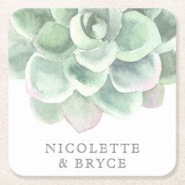 Succulcal Sage Grönt Watercolor Bröllop Underlägg Papper Kvadrat