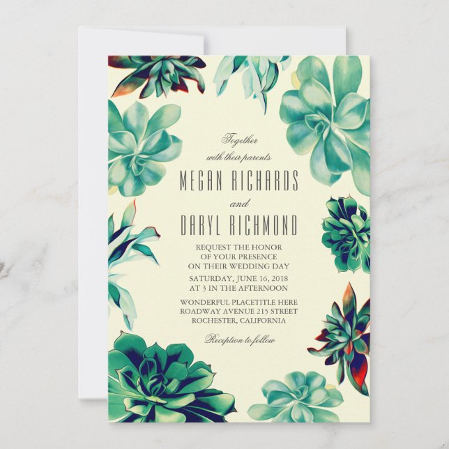 Succulent Bouquet - Blommigten Teal Bröllop Inbjudningar (Framsida)