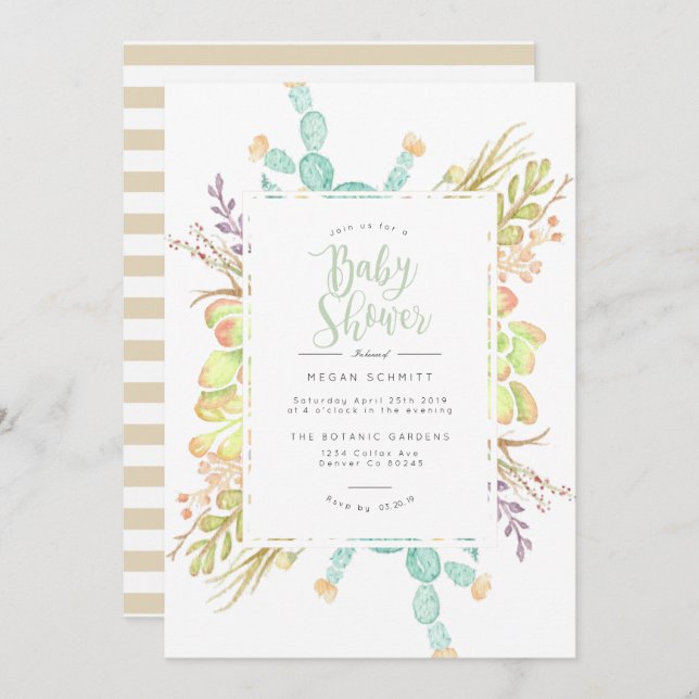 Succulent Bouquet Watercolor | Babyskor Inbjudan (Fram/baksida)