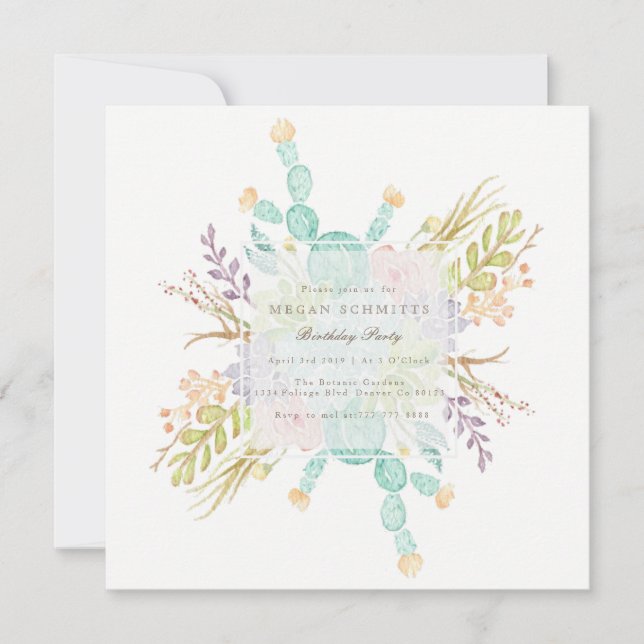 Succulent Bouquet Watercolor | FÖDELSEDAGSFEST Inbjudningar (Framsida)