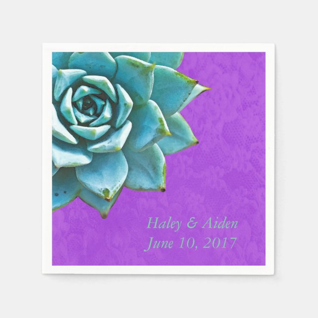 Succulent Bröllop Förlovning Watercolor Lila Pappersservett (Framsidan)