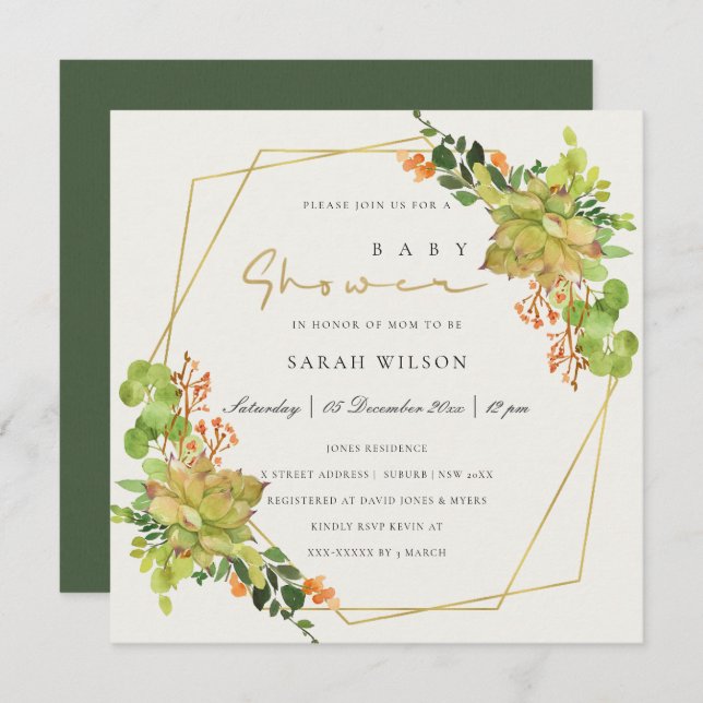 SUCCULENT CACTUS BLOMMIGT WATERCOLOR BABY SHOWER INBJUDNINGAR (Fram/baksida)