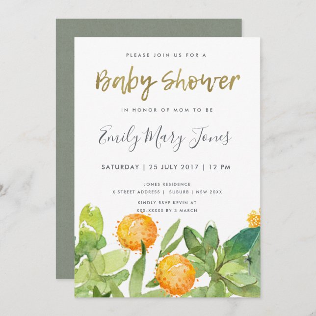 SUCCULENT CACTUS BLOMMIGT WATERCOLOR BABY SHOWER INBJUDNINGAR (Fram/baksida)