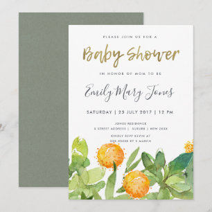 SUCCULENT CACTUS BLOMMIGT WATERCOLOR BABY SHOWER INBJUDNINGAR