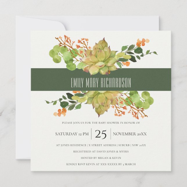 SUCCULENT CACTUS BLOMMIGT WATERCOLOR BABY SHOWER INBJUDNINGAR (Framsida)