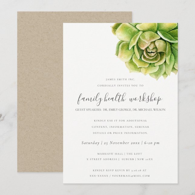 SUCCULENT CACTUS WATERCOLOR TALK SEMINAR HÄNDELSE INBJUDNINGAR (Fram/baksida)