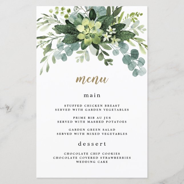 Succulent Eucalyptus Greenery Bröllop Menu-kort (Framsida)