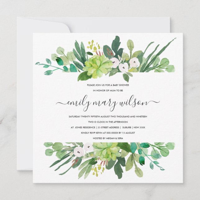 SUCCULENT FOLIAGE RAM WATERCOLOR BABY SHOWER INBJUDNINGAR (Framsida)