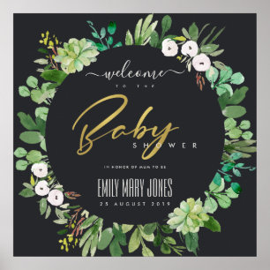 SUCCULENT FOLIAGE WATERCOLOR BABY SHOWER WELCOME POSTER