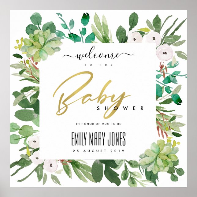 SUCCULENT FOLIAGE WATERCOLOR BABY SHOWER WELCOME POSTER (Framsidan)