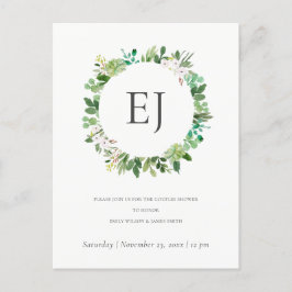 SUCCULENT FOLIAGE WREATH MONOGRAM PAR SHOWER INBJUDAN VYKORT