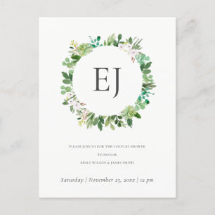 SUCCULENT FOLIAGE WREATH MONOGRAM PAR SHOWER INBJUDAN VYKORT