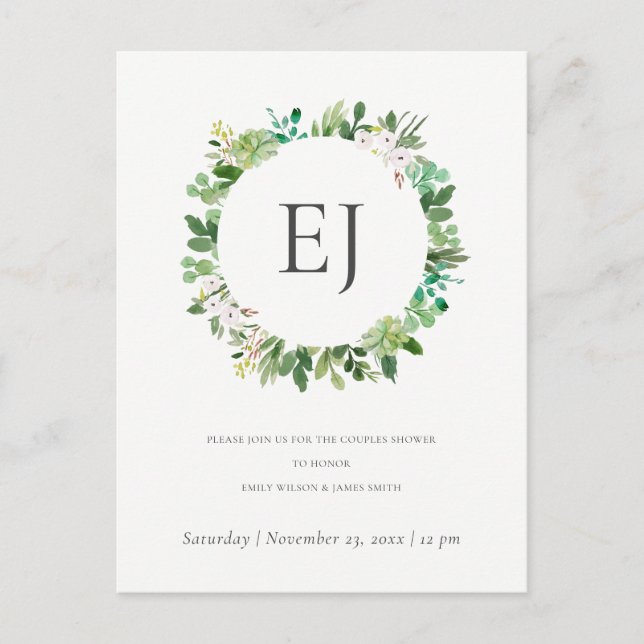 SUCCULENT FOLIAGE WREATH MONOGRAM PAR SHOWER INBJUDAN VYKORT (Framsida)