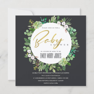 SUCCULENT FOLIAGE WREATH WATERCOLOR BABY SHOWER INBJUDNINGAR