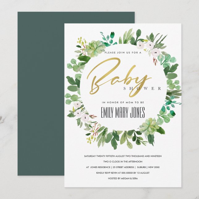 SUCCULENT FOLIAGE WREATH WATERCOLOR BABY SHOWER INBJUDNINGAR (Fram/baksida)