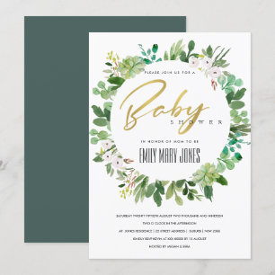 SUCCULENT FOLIAGE WREATH WATERCOLOR BABY SHOWER INBJUDNINGAR