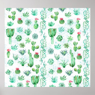 Succulent Garden: Sömlös bakgrund med vattenfärg. Poster