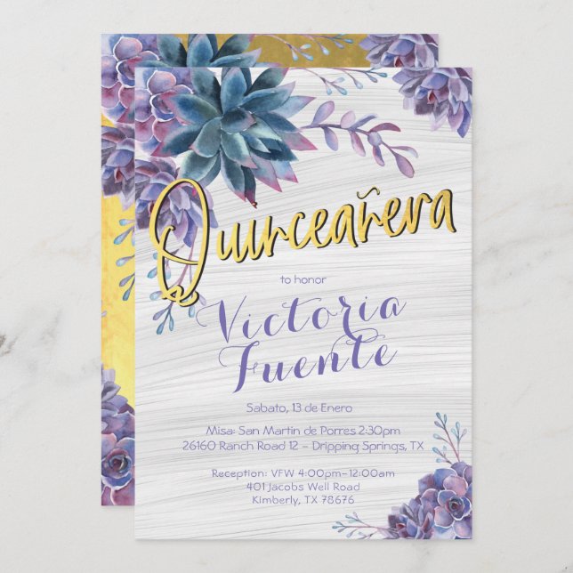 Succulent Gold Foil Watercolor Quinceañera Inbjudningar (Fram/baksida)