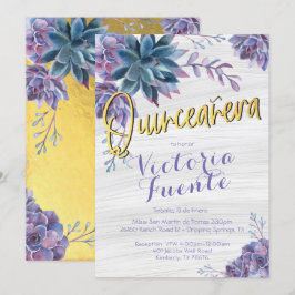 Succulent Gold Foil Watercolor Quinceañera Inbjudningar