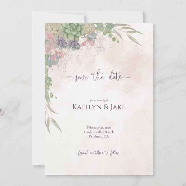 Succulent Green and Blush Save the Date Spara Datumet (Framsida)