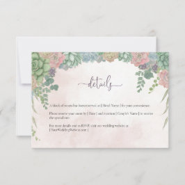 Succulent Green and Blush Wedding Details Card Tack Kort