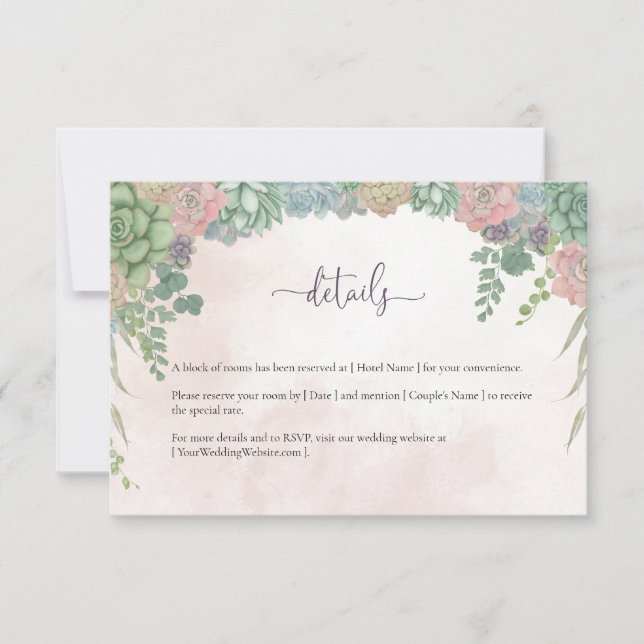Succulent Green and Blush Wedding Details Card Tack Kort (Framsida)