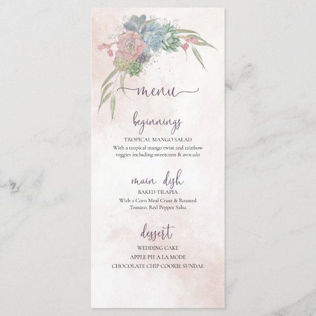 Succulent Green and Blush Wedding Menu Meny (Framsida)