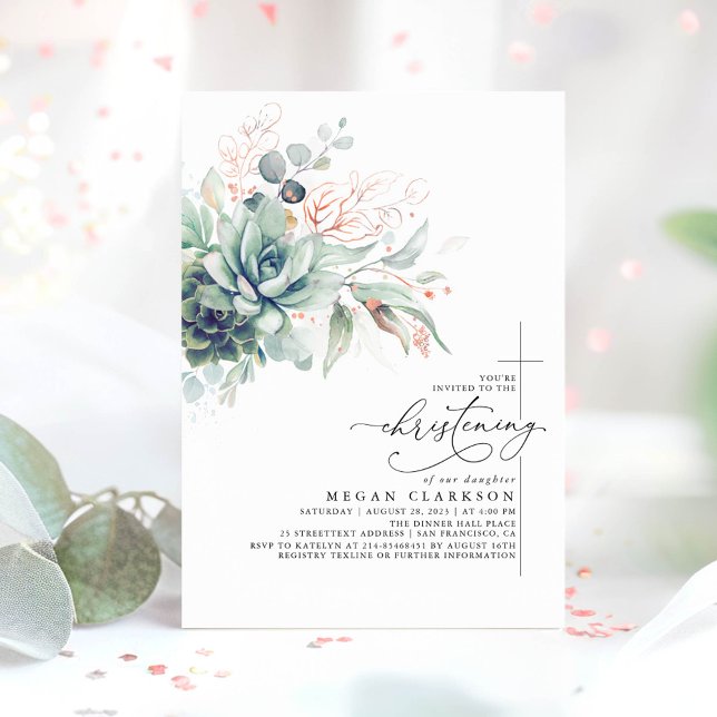 Succulent Greenery Löv Elegant Christening Inbjudningar (Christening Invitation with Greenery for Girl)