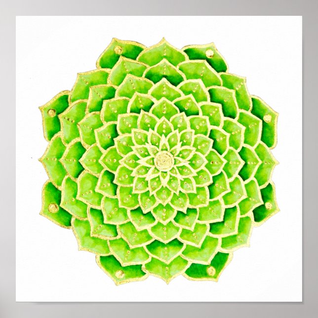 Succulent Grönt Lövs Guld Mandala Poster (Framsidan)