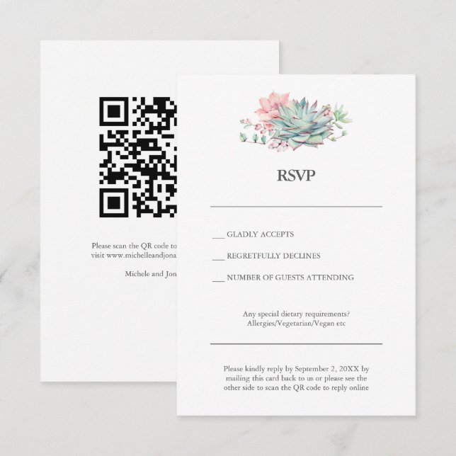Succulent Hybrid Wedding RSVP Card with QR Code Inbjudningar (Fram/baksida)