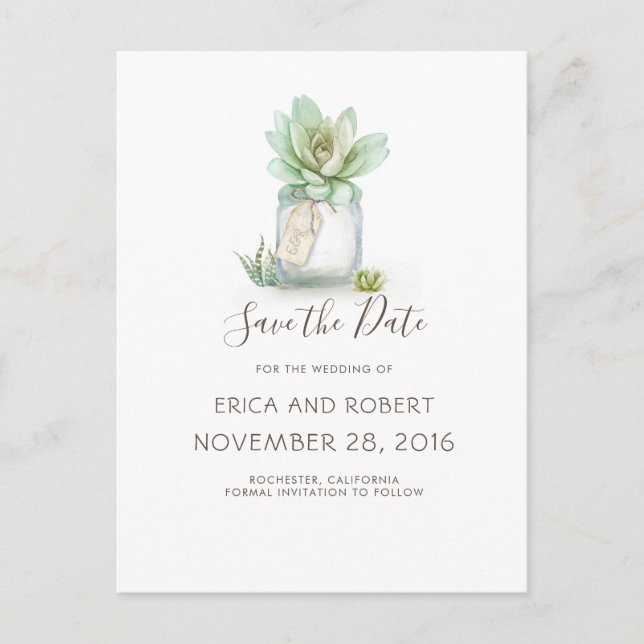 Succulent Mason Burk Rustic Save the Date Meddelande Vykort (Framsida)