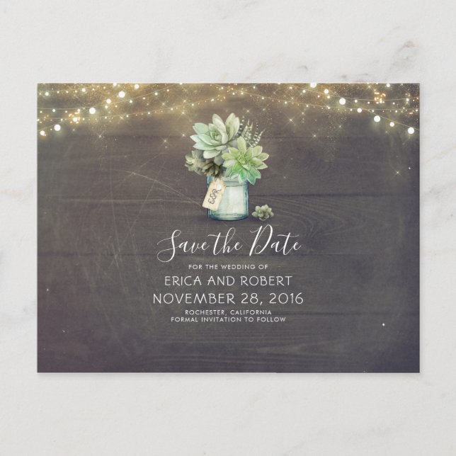 Succulent Mason Burk Rustic Save the Date Meddelande Vykort (Framsida)