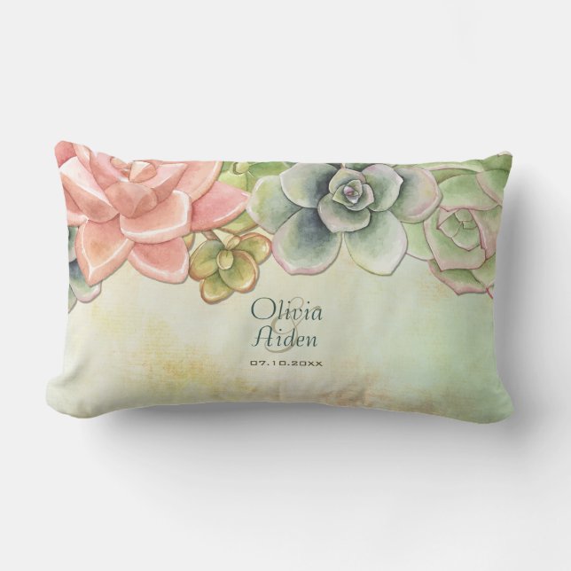 Succulent Watercolor Blommigt Bröllop Pillow Lumbarkudde (Framsida)