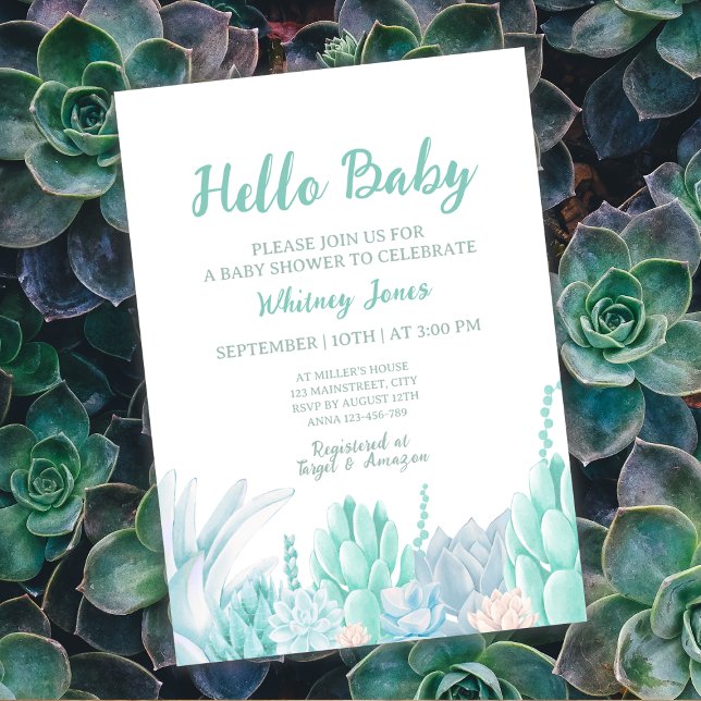 Succulent Watercolor Mint Grönt Boy Shower Inbjudningar (Succulent Watercolor Mint Green Boy Baby Shower Invitation)