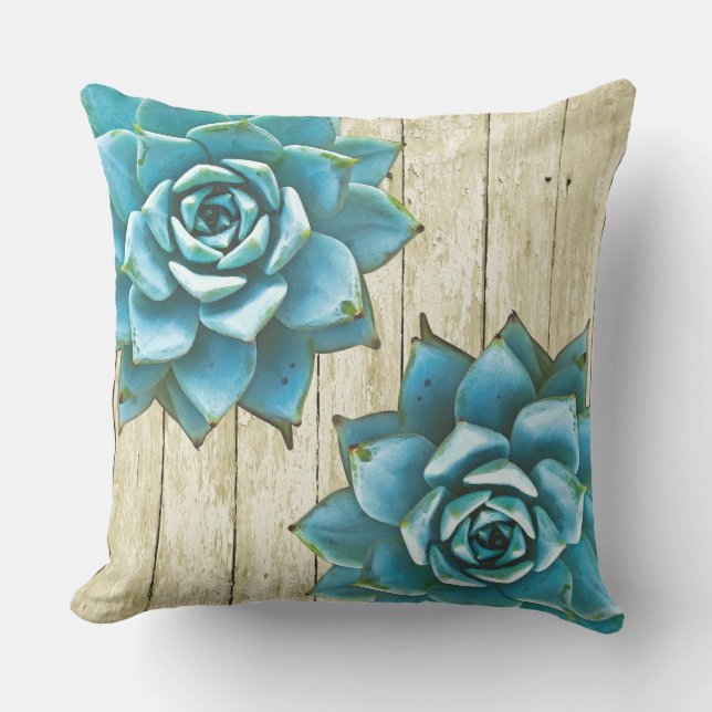 Succulent Watercolor på Shabby Wood Utomhuskudde (Framsida)