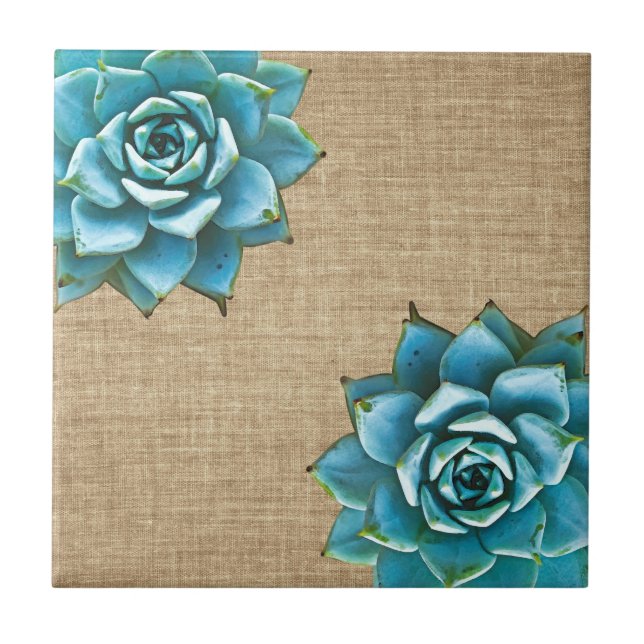 Succulent Watercolor på Tan Burlap Kakelplatta (Framsidan)