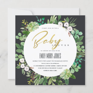 SUCCULENT WREATH FOLIAGE WATERCOLOR BABY SHOWER INBJUDNINGAR