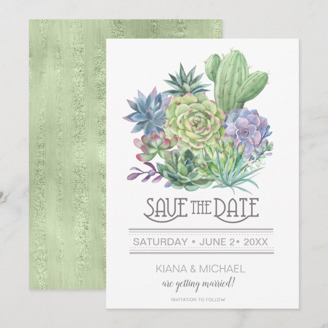 Succulents and Gnistra Save the Date Grönt ID515 Inbjudningar (Fram/baksida)