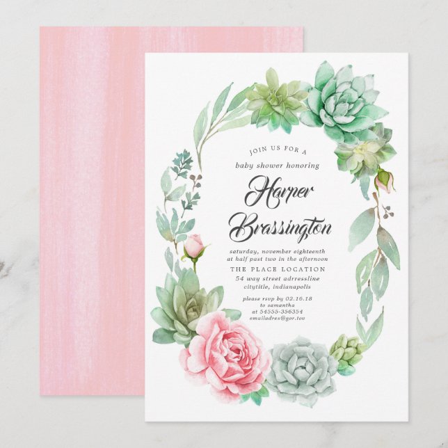 Succulents Baby Shower Girl-inbjudan Inbjudningar (Fram/baksida)
