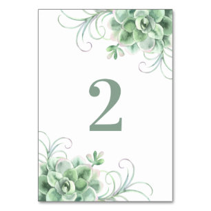 Succulents bröllop. Grönt. Vattenfärgkaka Bordsnummer