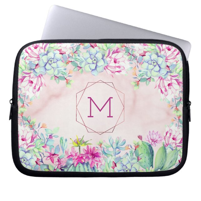 Succulents Cactus Geometric  Marble Monogram Laptop Fodral (Framsidan)