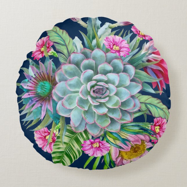 Succulents Echeveria Cactus Flowers Mönster Rund Kudde (Framsidan)