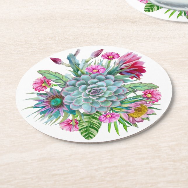 Succulents Echeveria Cactus Flowers Underlägg Papper Rund (Vinklad)