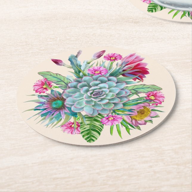 Succulents Echeveria Cactus Flowers Underlägg Papper Rund (Vinklad)
