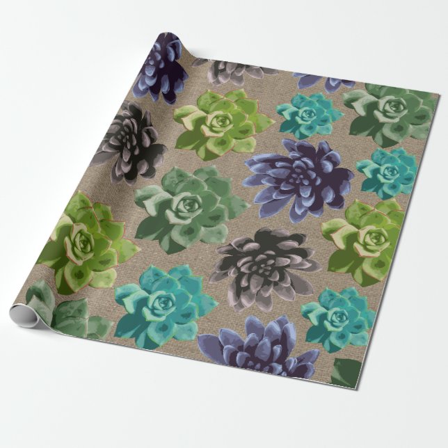 Succulents Faux Burlap Presentpapper (Utrullad)