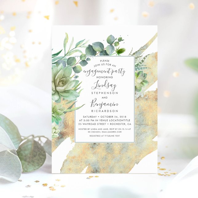 Succulents Förlovning för Guld Watercolor Inbjudningar (Succulents Greenery Engagement Party Invitations)