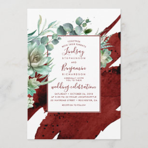Succulents Greenery Burgundy Red Modern Bröllop Inbjudningar