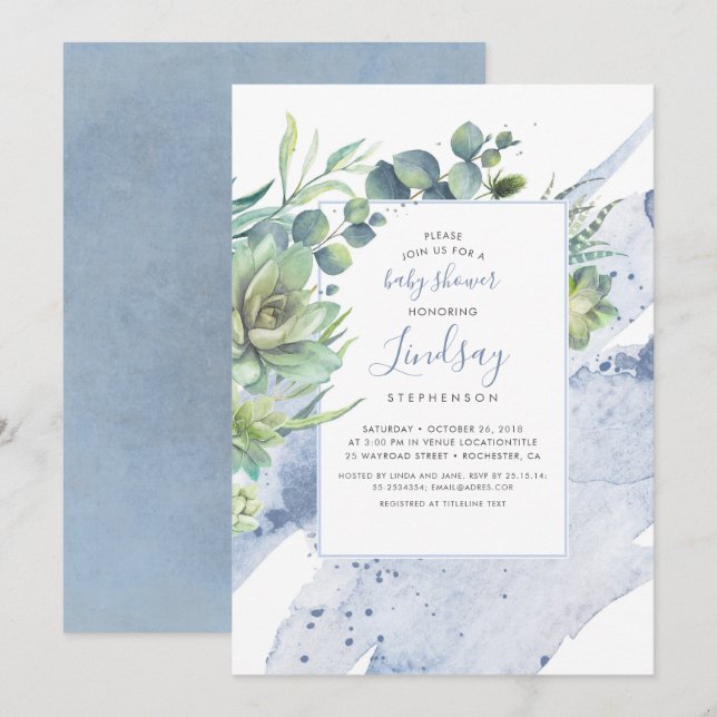 Succulents Greenery Dusty Blue Baby Shower Inbjudningar (Fram/baksida)