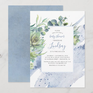 Succulents Greenery Dusty Blue Baby Shower Inbjudningar